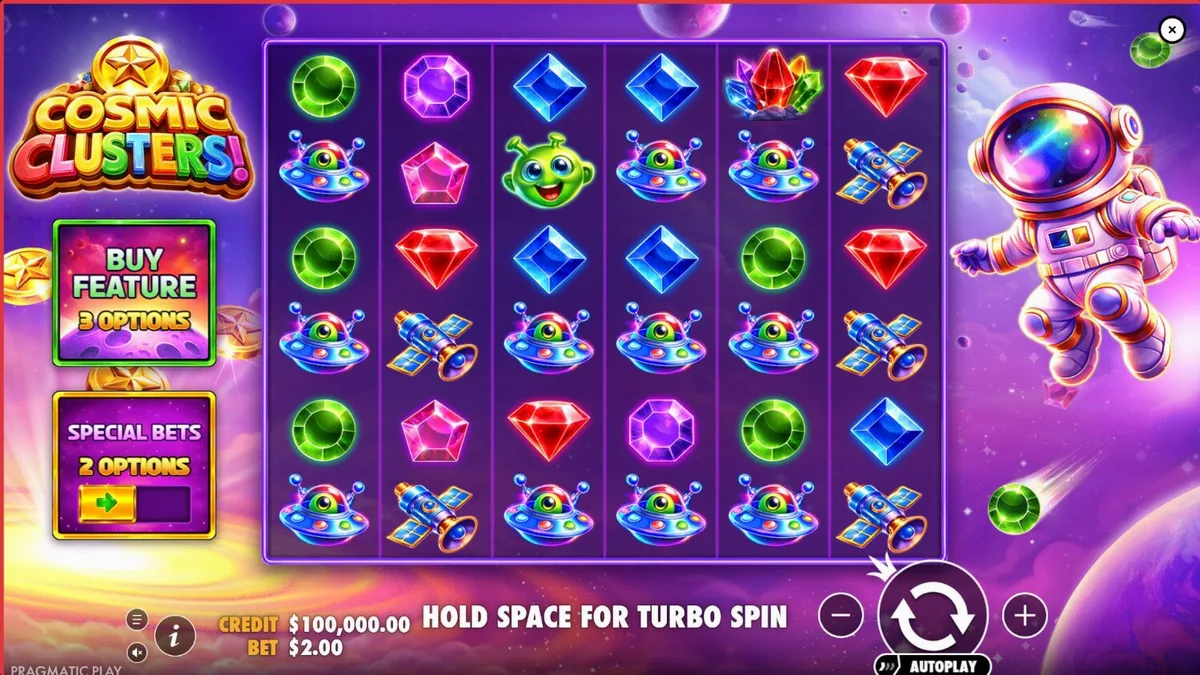 Interface vibrante e neon do slot Cosmic Clusters com elementos espaciais