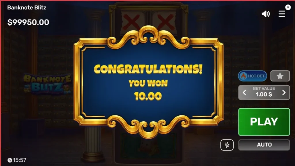 Interface do slot Banknote Blitz com tema de cofre de banco
