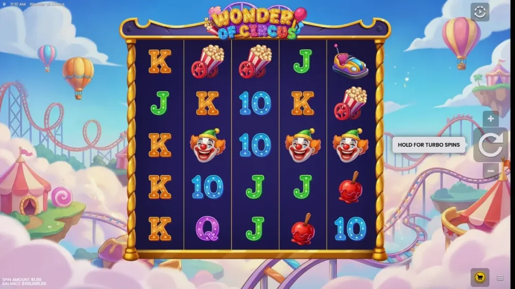 Interface do slot Wonder of Circus com luzes neon e elementos de circo