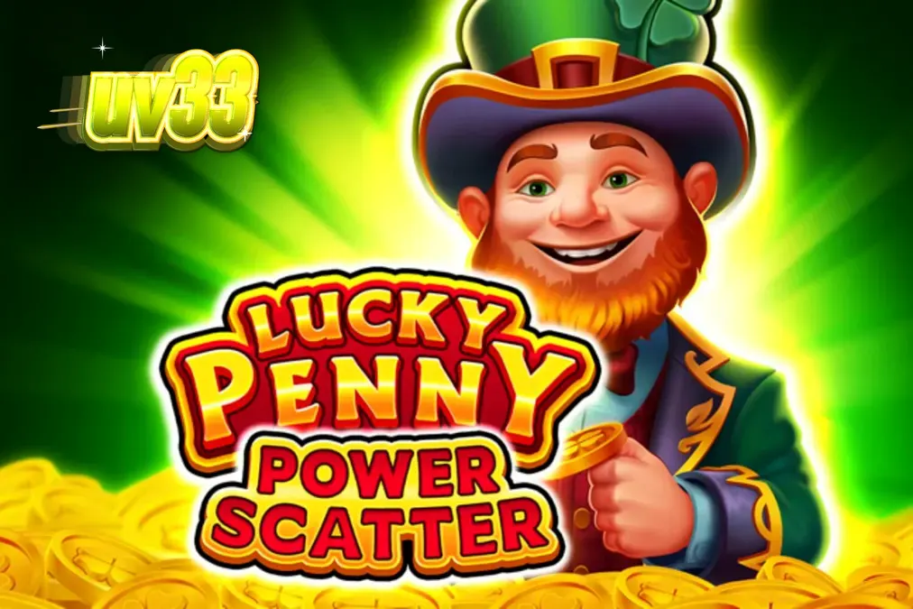 Leprechaun sorridente ao lado de um grid de jogo vibrante em Lucky Penny Power Scatter